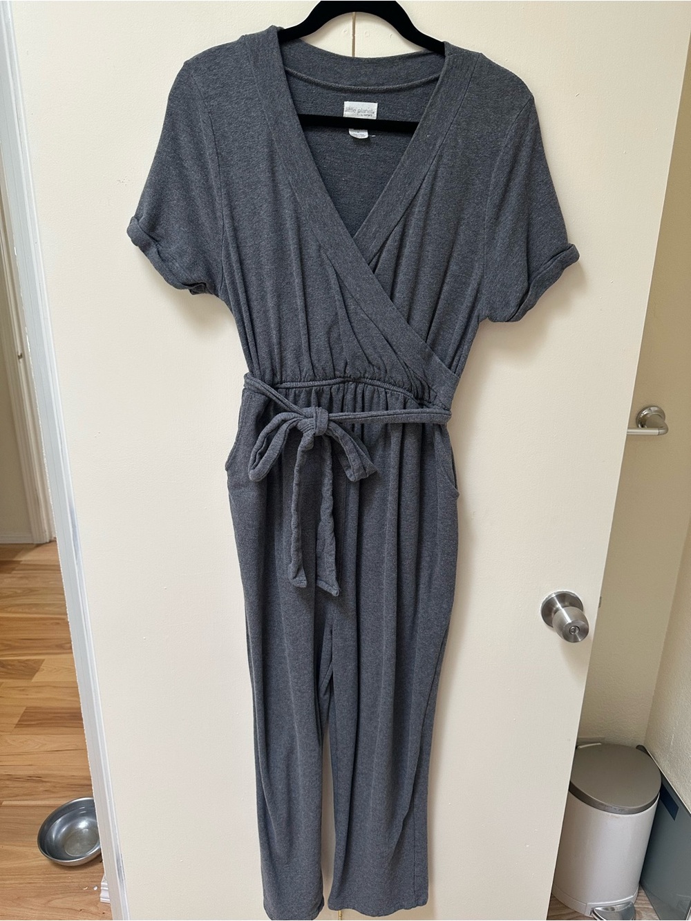 Soft Wrap Short-Sleeve Jumpsuit with Tie Belt - Grey